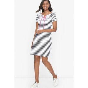 T by Talbots White/Black Cotton Terry Stripe Pink Lace-up Dress Small Petite